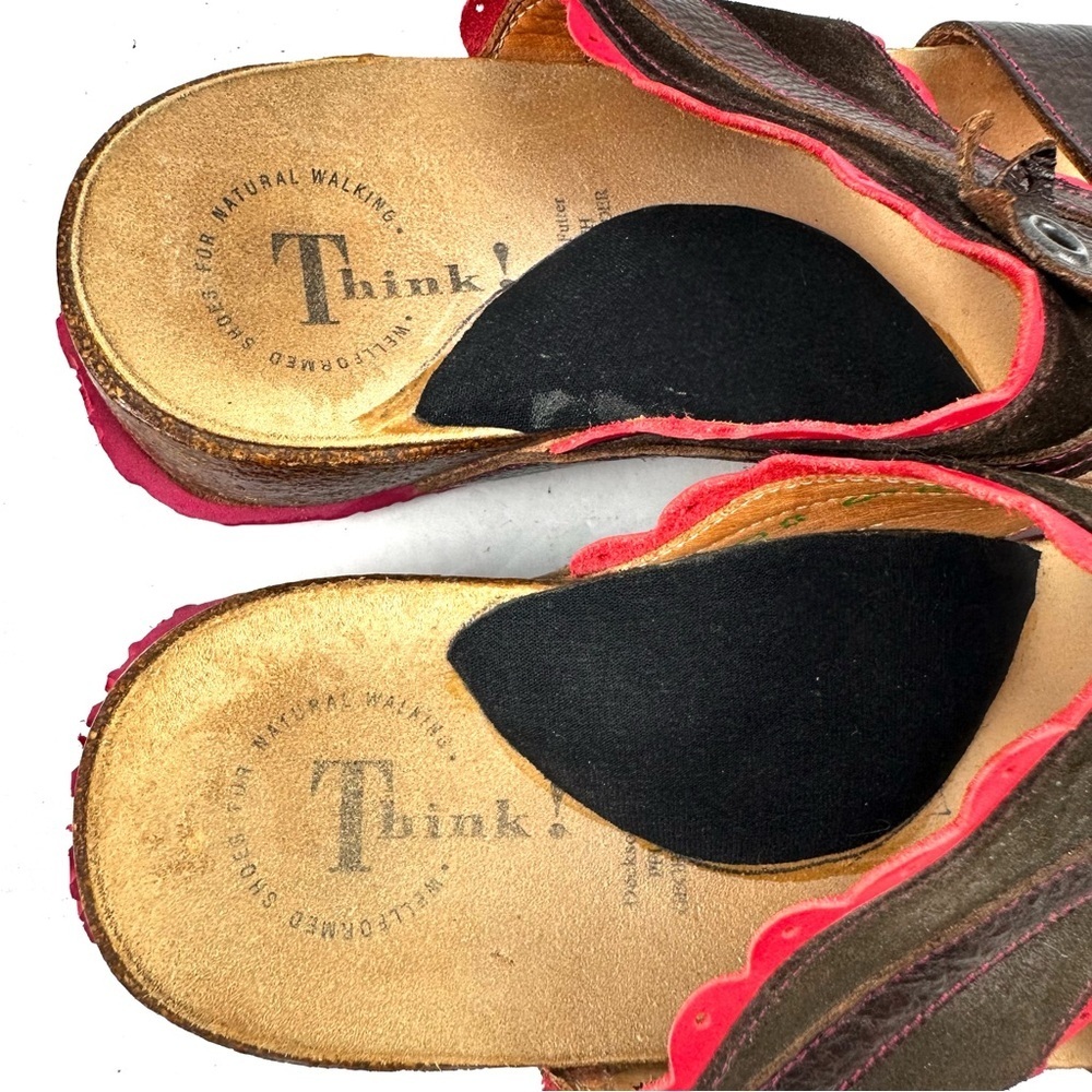 Think Sandals 40 Brown Leather Slip On Shoes Womens‎ Slides US 9 - Picture 3 of 11